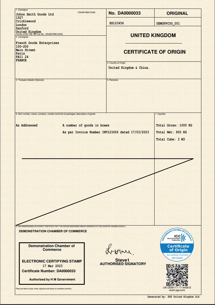 UK Certificate of Origin - Surrey Chambers